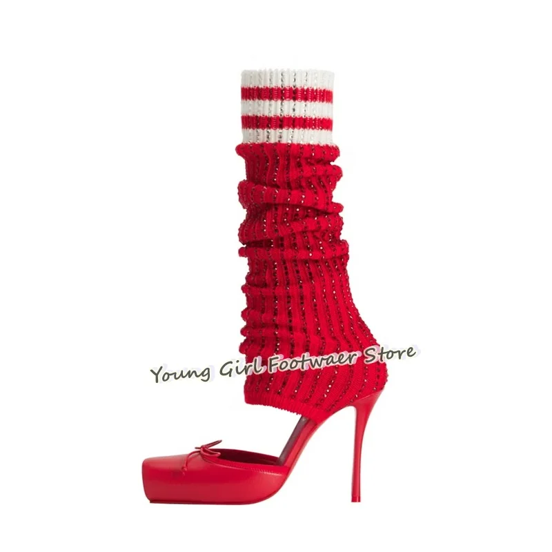 Shoe Cut Stiletto Heels Red Ba - Knee High Sock Women 评论和价格