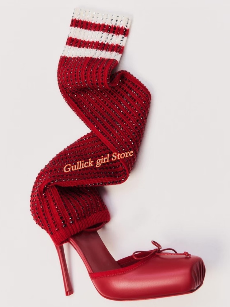 Red Knit Square Toe Boots Cut  - Knee High Sock Women 评论和价格