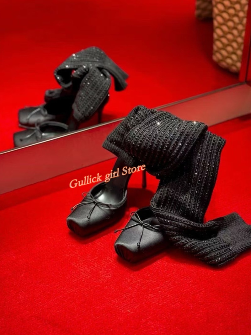 Red Knit Square Toe Boots Cut  - Knee High Sock Women 评论和价格