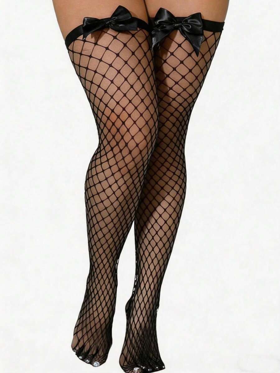 Bow Decor Fishnet Thigh High S - Knee High Sock Women 评论和价格