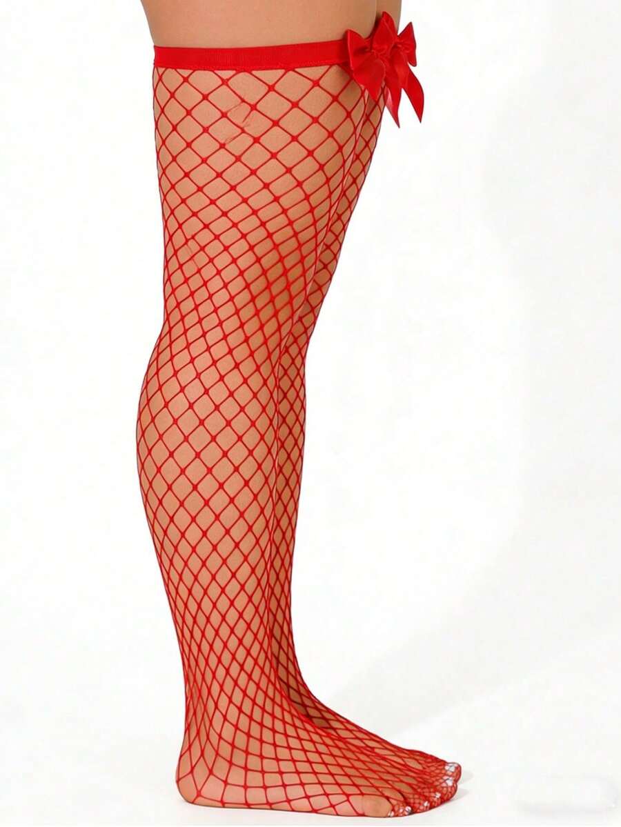 Bow Decor Fishnet Thigh High S - Knee High Sock Women 评论和价格